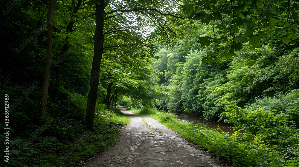 Sunlit Pathway Through Lush Green Forest Canopy With Trees And Leafy Vegetation Sunlit Pathway Through Lush Green Forest Canopy With Trees And Leafy Vegetation