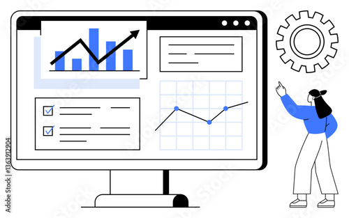 Woman pointing at a monitor displaying graphs, charts, checklists, and data trends. Ideal for analytics, business growth, data visualization, strategy planning, performance tracking teamwork flat