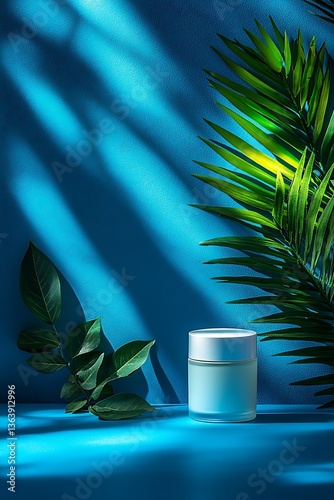 A cosmetic product is displayed with lush green foliage and shadow