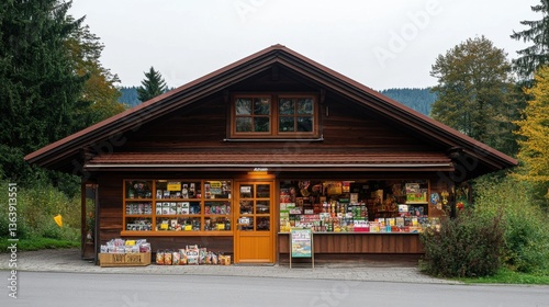 Rustic Wooden Storefront with Colorful Displays in Nature Setting