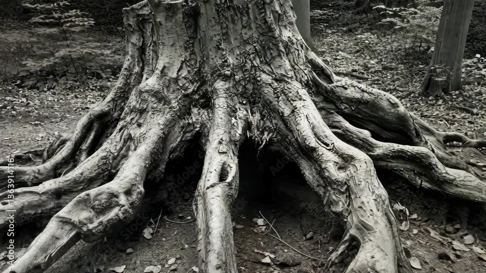 Tree roots emerge from the forest floor showcasing intricate textures and natural patterns during autumn