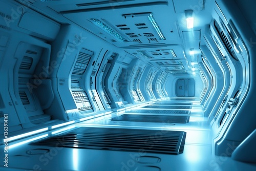 Fototapeta Naklejka Na Ścianę i Meble -  Space station interior in sci-fi style with cool blue lighting and space for text on right