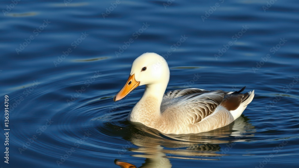 Beautiful duck swimming gracefully on calm blue water during bright daylight Beautiful duck swimming gracefully on calm blue water during bright daylight