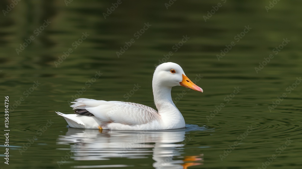 Majestic white duck swimming gracefully in a serene pond under bright daylight Majestic white duck swimming gracefully in a serene pond under bright daylight