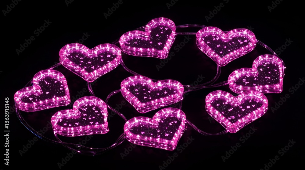 Cluster of luminous neon pink hearts, shimmering outline, glowing star particles scattered in the air, soft ambient lighting Cluster of luminous neon pink hearts, shimmering outline, glowing star particles scattered in the air, soft ambient lighting