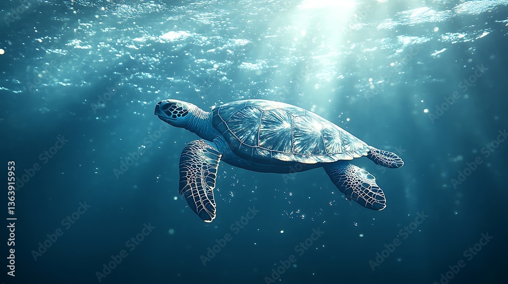 Fototapeta premium Sea Turtle with Plastic Bag in Ocean, A sea turtle swimming underwater with a plastic bag on its shell, highlighting ocean pollution