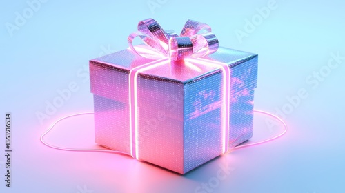 A futuristic pink gift box with holographic wrapping paper, glowing neon edges, isolated on a white digital background, sci-fi, high-tech design