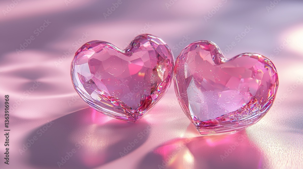 3D glossy crystal hearts with soft pink light reflections, high-quality glass texture, fine shimmering mist around the edges 3D glossy crystal hearts with soft pink light reflections, high-quality glass texture, fine shimmering mist around the edges