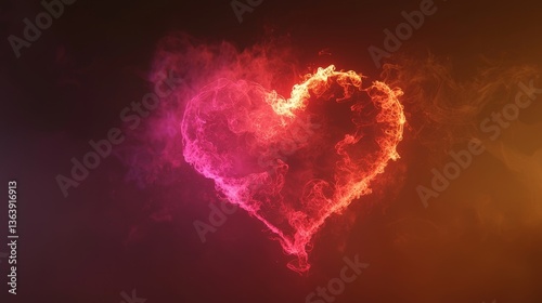 Digital heart symbol of swirling mist, glowing red and pink vapor clouds, neon puff details, isolated on dark brown background, holographic glow