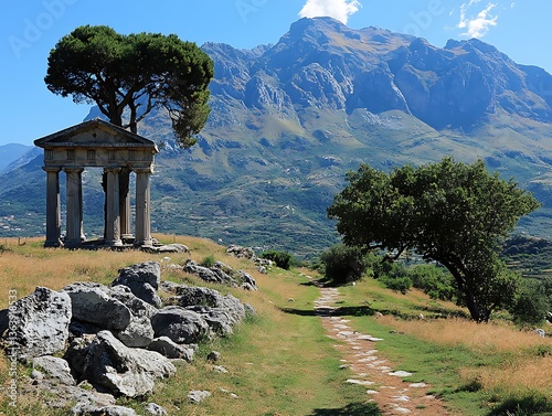 Ancient classical architecture stands with a majestic mountain in view