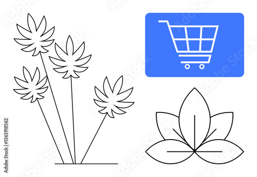 Cannabis leaves with a blue shopping cart icon, emphasizing modern commerce. Ideal for e-commerce, online shopping, hemp products, cannabis industry, technology, retail, flat simple metaphor