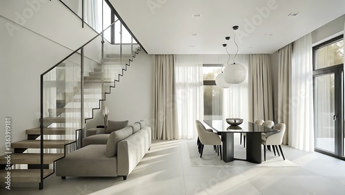 A Serene Modern Home Showcasing A Minimalist Design  Featuring A Sleek Glass And Wood Staircase  Light-filled Living Spaces  And A Sophisticated Dining Area With Sheer Curtains And A Statement Light F