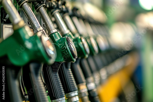 Close-up view of green fuel nozzles at a modern gas station for vehicle refueling