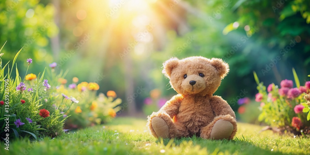 Fototapeta premium Adorable Tiny Teddy Bear in Spring Garden - Cute Plush Toy Outdoors