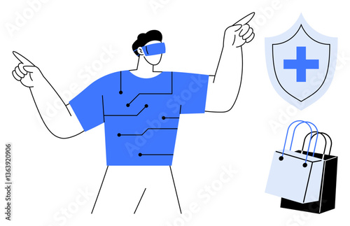 Man wearing VR headset, pointing in different directions, circuit-themed shirt, shield with cross, shopping bags. Ideal for technology, virtual reality, healthcare, security shopping innovation