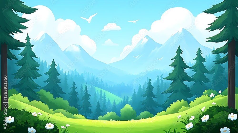 Fototapeta premium Serene mountain landscape with lush green forest and meadow.