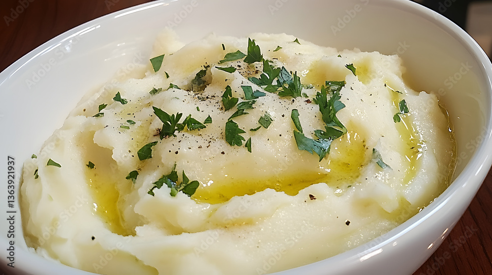 A bowl of creamy garlic mashed potatoes garnished with fresh herbs and olive oil. A bowl of creamy garlic mashed potatoes garnished with fresh herbs and olive oil.