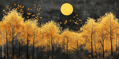 A golden moon shines over a forest of autumn trees as birds fly through the dark night sky