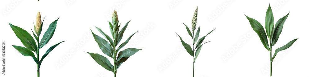 Obraz premium Four Close Up Images of Young Corn Plants with Vibrant Green Leaves and Immature Ears of Corn isolated on Transparent Background