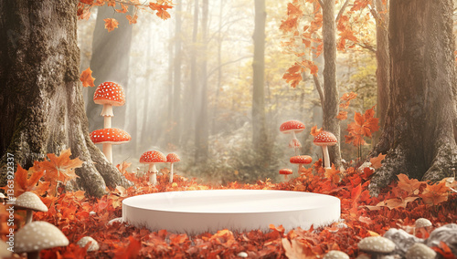 A mystical white stage set amidst vibrant autumn leaves and whimsical mushrooms, nestled in an enchanted forest filled with magical ambiance. photo