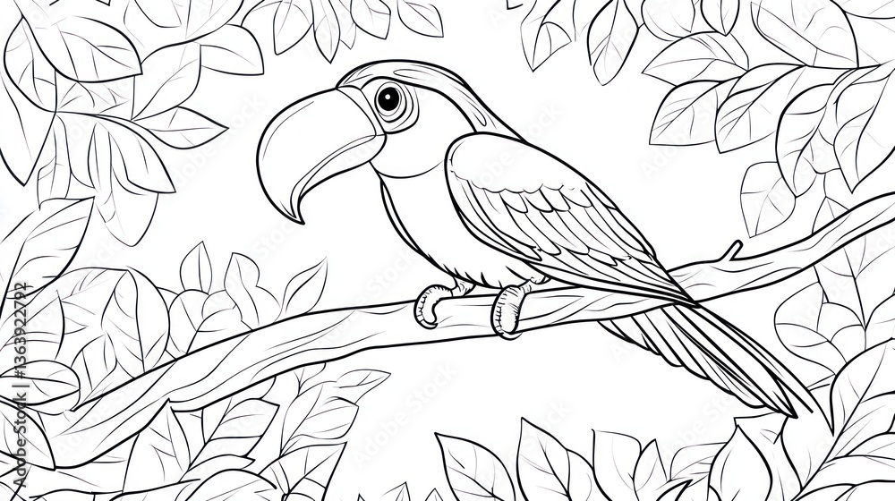 Naklejka premium Toucan perched on branch in lush rainforest, coloring book page