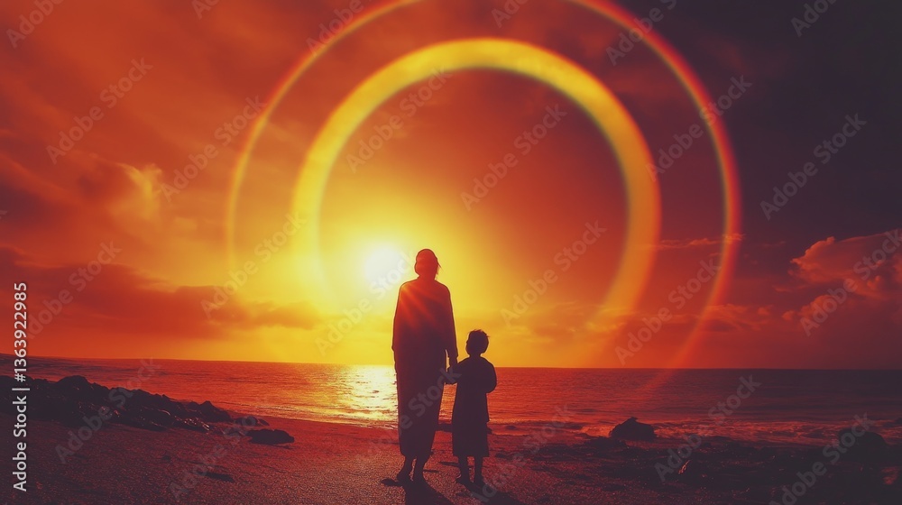 Fototapeta premium Silhouette of Mother and Child Embracing During Vibrant Sunset at Ocean Shore