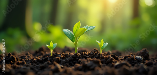young plant growing in dirt with sunlight and green trees in the background