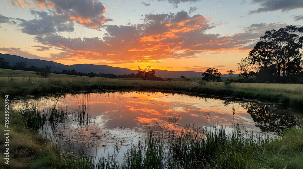 Obraz premium A breathtaking sunset reflecting off a calm pond surrounded by fields, creating a mirror image of the sky.