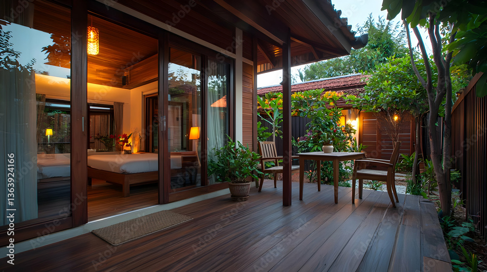 Fototapeta premium Modern House Exterior With Wooden Deck And Terrace View At Night Illuminated By Warm Lights Showcasing Nature And Architecture