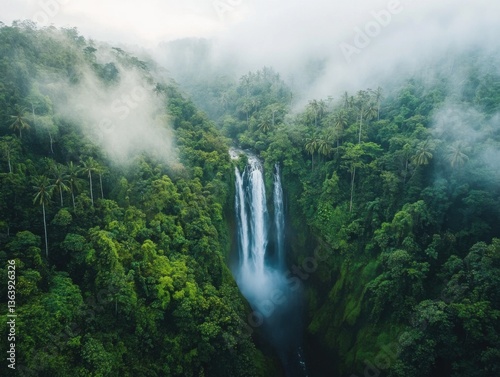 Waterfall in dense jungle with a misty atmosphere and negative space