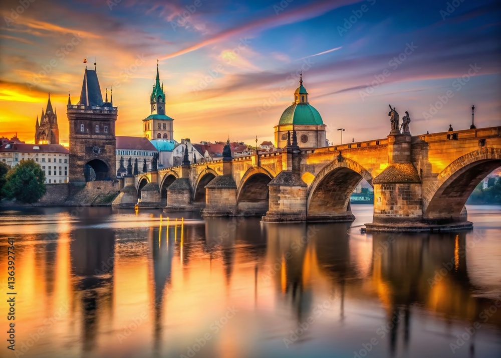 Fototapeta premium Charles Bridge Prague, Czech Republic - Iconic Stone Bridge Architecture at Sunrise