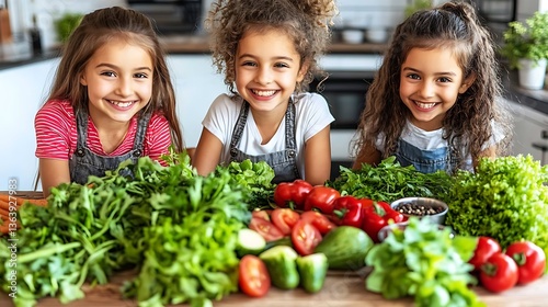 Fototapeta Naklejka Na Ścianę i Meble -  Three happy girls with fresh vegetables.