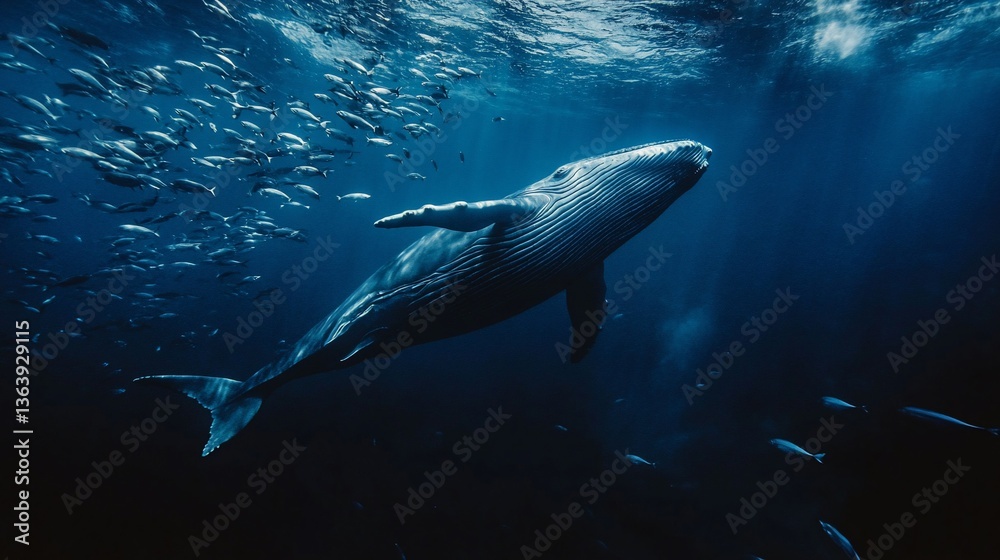 Obraz premium Majestic whale swims in the deep blue sea with a school of fish nearby