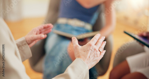Person, hands and therapist with meeting for therapy lesson, psychiatry course or session at office. Closeup, psychiatrist or mentor talking to employees for mental health advice, explanation or talk