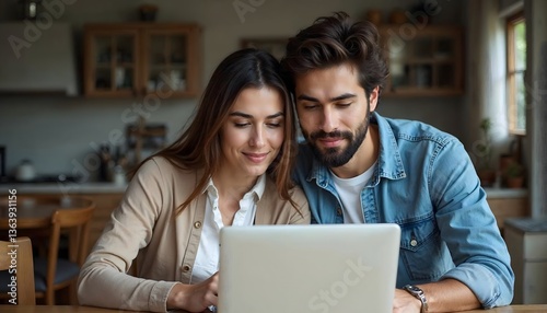 A young couple collaborating at home, working on a laptop at a wooden table