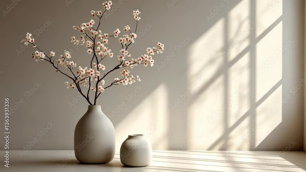 Elegant arrangement of floral branches in minimalist vases with soft shadows in a serene indoor setting Elegant arrangement of floral branches in minimalist vases with soft shadows in a serene indoor setting