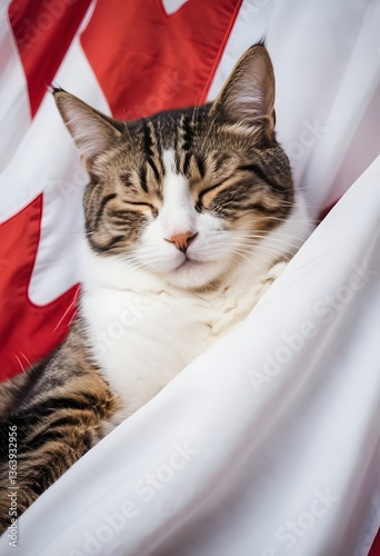 Tabby Cat Sleeping in Canadian Flag