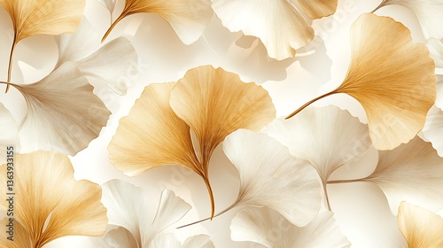 Elegant Ginkgo Leaf Pattern with Gold Outlines, Elegant pattern of ginkgo leaves with gold outlines on a light background