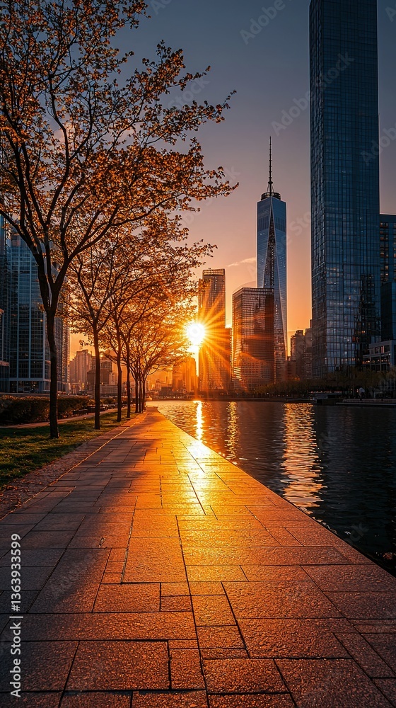 Obraz premium A stunning sunset reflecting on city buildings and waterside path