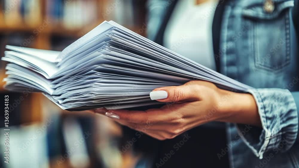 Person holding a stack of papers in a library while preparing for research or study session