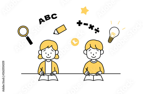勉強している男の子・女の子のベクターイラスト 子供 算数 英語 ひらめき 発見 鉛筆 虫眼鏡 電球