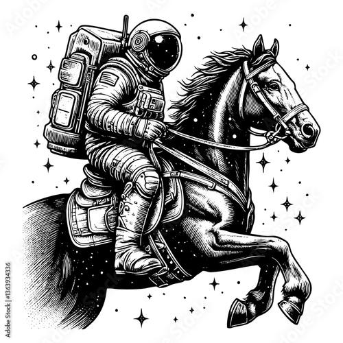 Astronaut ride horse sketch engraving black and white outline. Scratch board imitation.