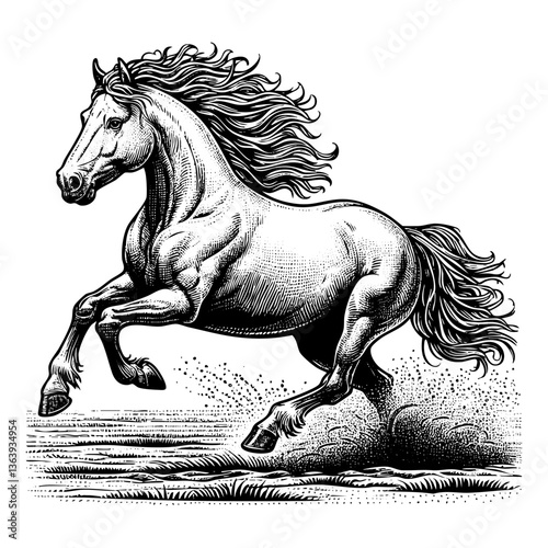 Horse running up engraving black and white outline. Scratch board imitation.  illustrated in vintage line art style on a white background.