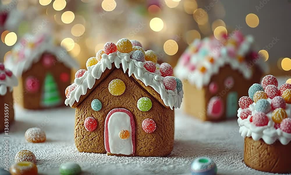 Festive gingerbread houses, decorated with icing and candies
