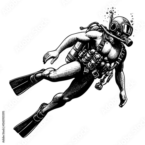 Scuba diving sketch engraving black and white outline. Scratch board imitation.