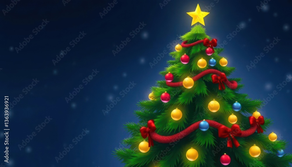 A decorated Christmas tree with ornaments, ribbons, and a star on top against a snowy background. A decorated Christmas tree with ornaments, ribbons, and a star on top against a snowy background.