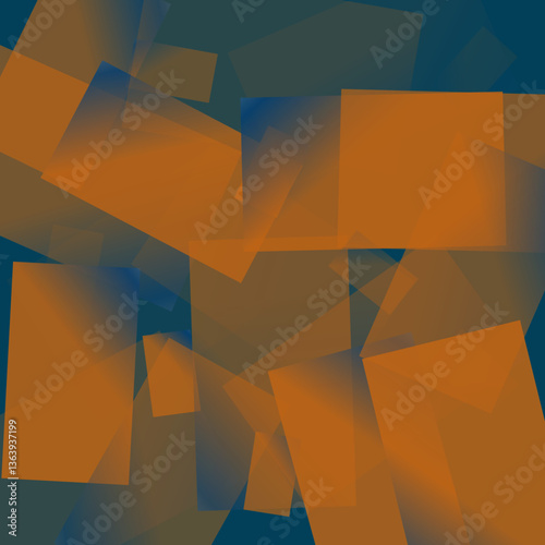 Abstract geometric composition with orange and blue overlapping transparent squares, modern digital art