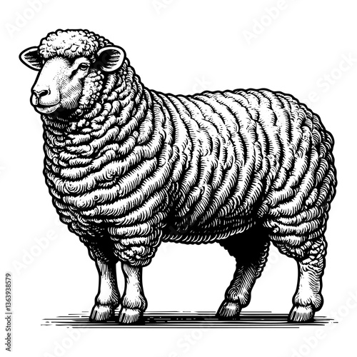 Sheep sketch engraving black and white outline. Scratch board imitation.  illustrated in vintage line art style on a white background.
