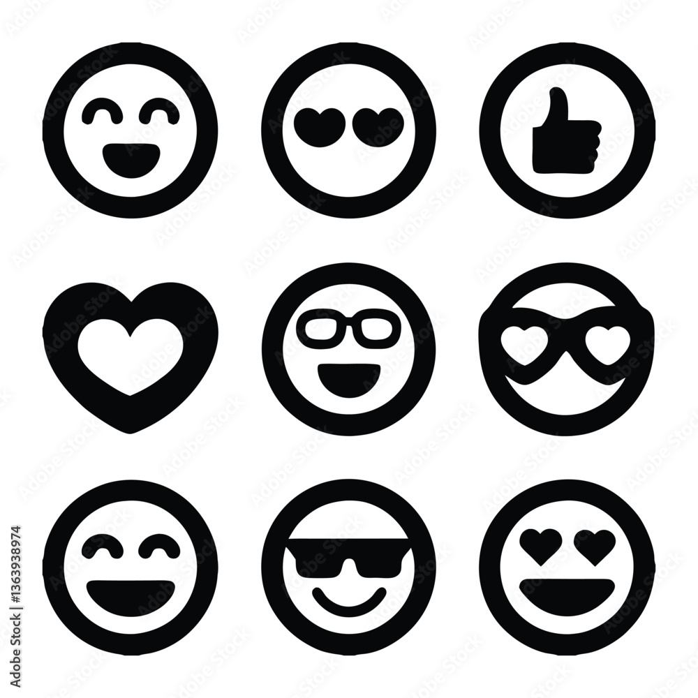 Set of Emoticons and Symbols – Smileys, Hearts, Thumbs Up, Glasses, Sunglasses Icons for Digital Use