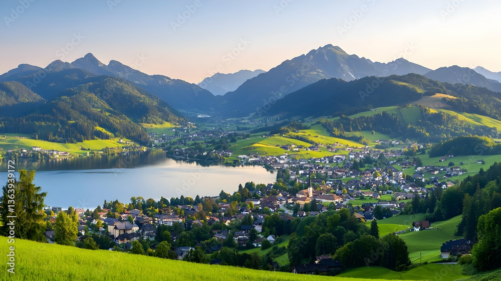 Fototapeta premium Aerial View Of A Town Nestled Beside A Lake Surrounded By Verdant Hills And Mountains Under A Clear Blue Sky